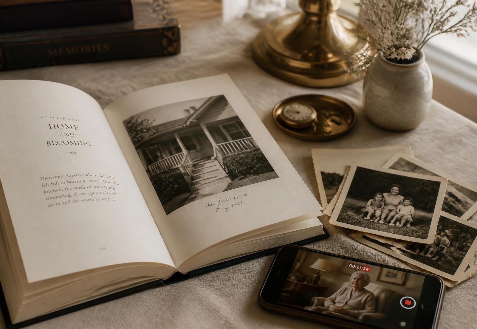 Een opengeslagen memoirboek naast oude familiefoto's en een telefoon met een video-opname